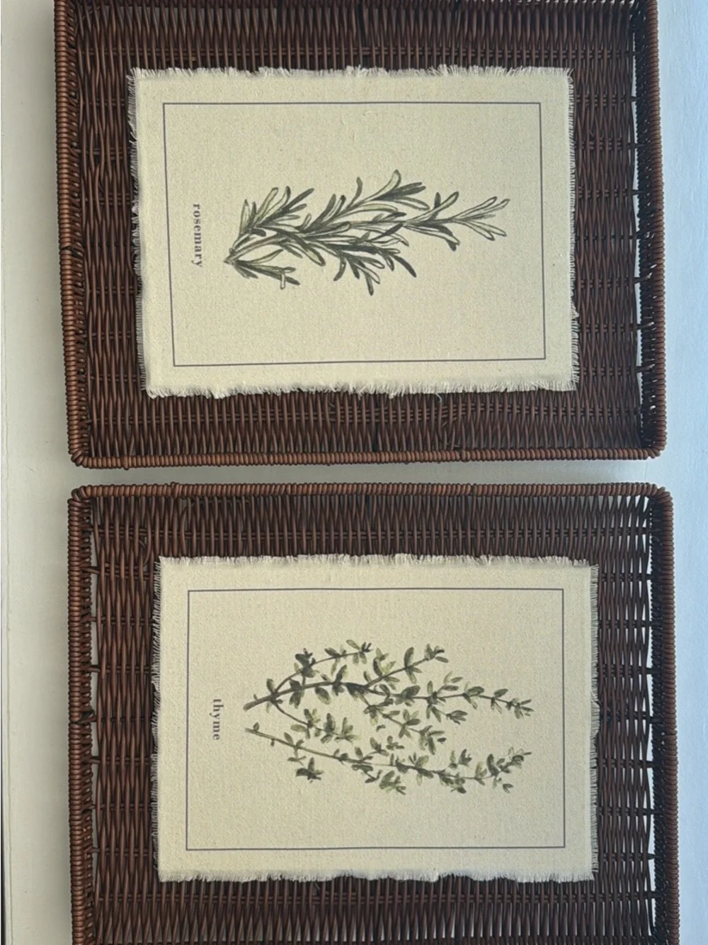 Brown Wicker Tray with Green Thyme & rosemary Botanical Print